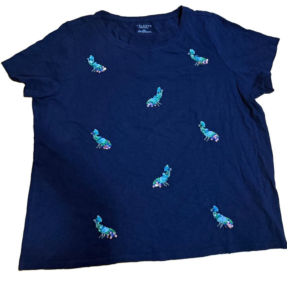 TALBOTS Women’s Navy Peacock Cotton T-Shirt Artsy Feminine India Made Size 2XP